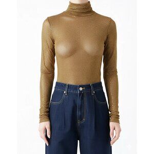 Grey Lab Rhinestone Gold/Nude Mesh Bodysuit Size Large